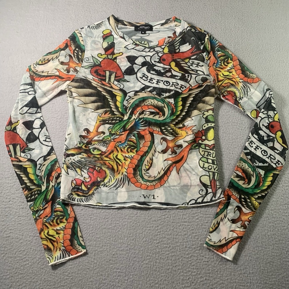 Ed Hardy Mesh Shirt Womens Medium Long Sleeve Tattoo All Over Print Summer Top